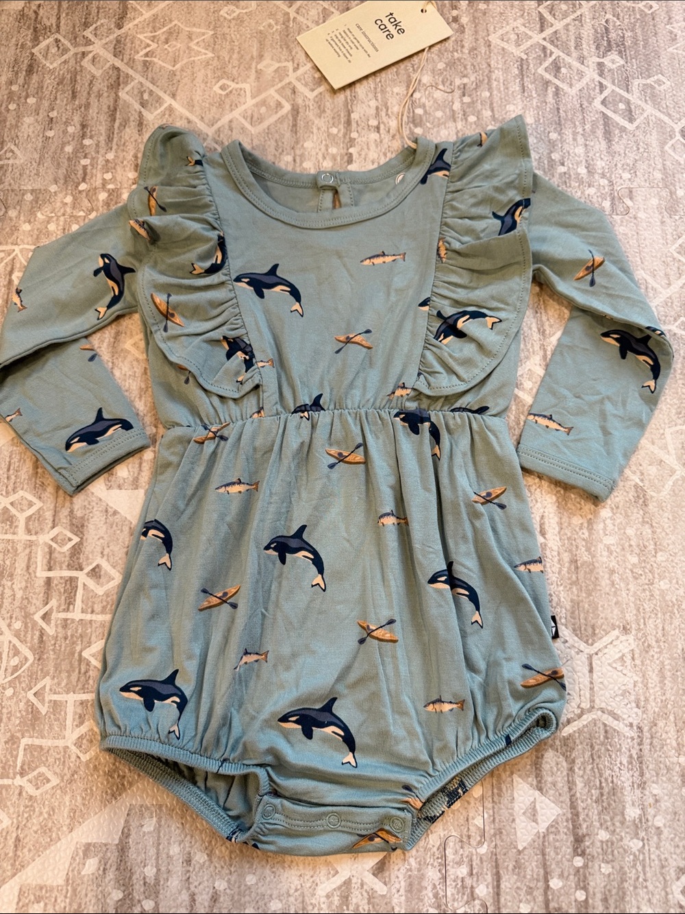 Kyte BABY Bamboo Seafoam Ruffle Romper with Navy Orca & Tan Fish Accents